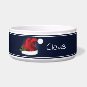Red Festive Santa Hat On Blue With Pet's Own Name Bowl