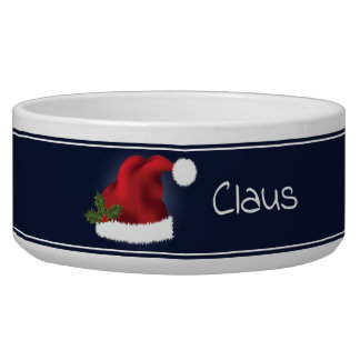 Red Festive Santa Hat On Blue With Pet's Own Name Bowl