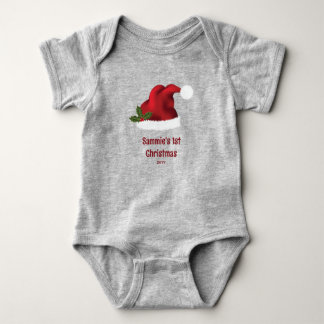 Red Festive Santa Hat With Holly - First Christmas Baby Bodysuit