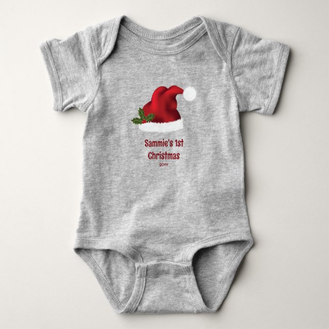 Red Festive Santa Hat With Holly - First Christmas Baby Bodysuit (Front)