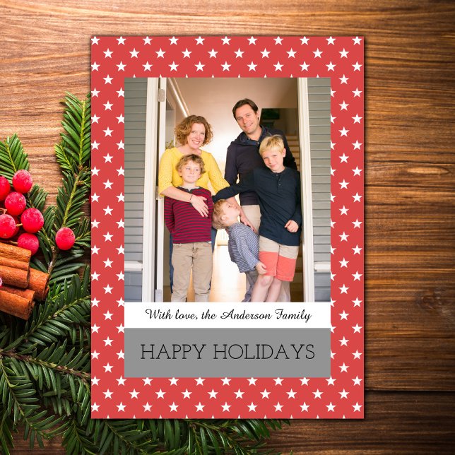 Red Festive Stars Holiday Photo Flat Card (Red Festive Stars Holiday Photo Card)