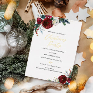 Red Festive Watercolor Foliage Christmas Party Foil Invitation