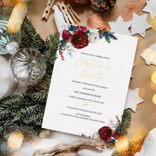 Red Festive Watercolor Foliage Christmas Party Foil Invitation
