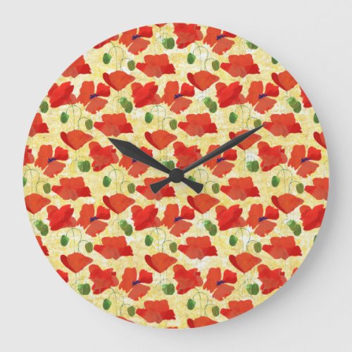 Red Field Poppies on Cornfield Yellow Wall Clock