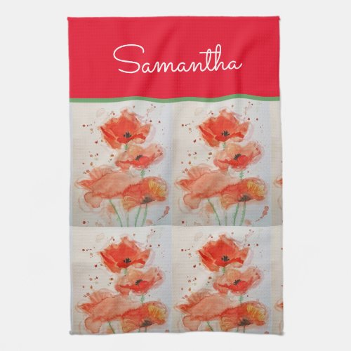Red Field Poppy Flowers Poppies Floral Watercolor  Kitchen Towel