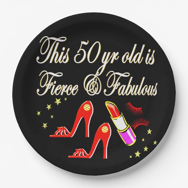 RED FIERCE AND FABULOUS 50TH BIRTHDAY PAPER PLATES (Front)