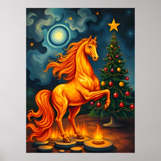 Red Fiery Horse at the Christmas Tree & Moon Poster (Front)
