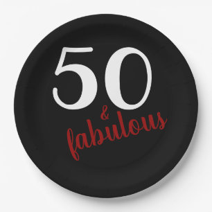 Red Fifty and Fabulous Black Birthday Party Paper Plates