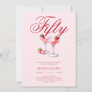 Red Fifty Strawberry Cocktail 50th Birthday Party Invitation