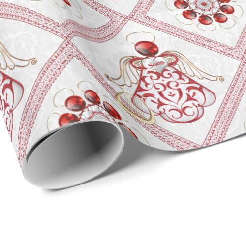 Red Filigree  Gold Christmas Angel of Song Wrapping Paper