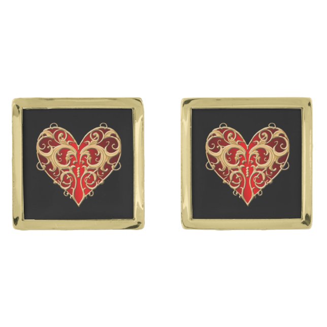 Red Filigree Heart Cufflinks (Front)