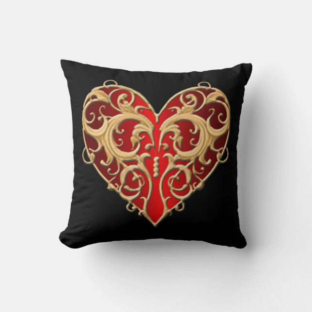 Red Filigree Heart Throw Pillow (Front)