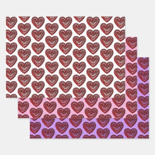 Red Filigree Hearts Collection Wrapping Paper Sheets (Set)