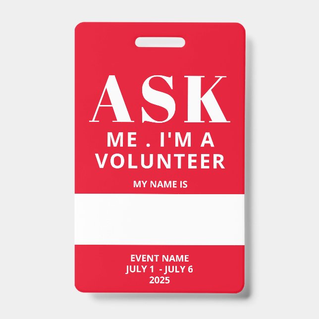 Red Fill In Name Volunteer Badge (Front)