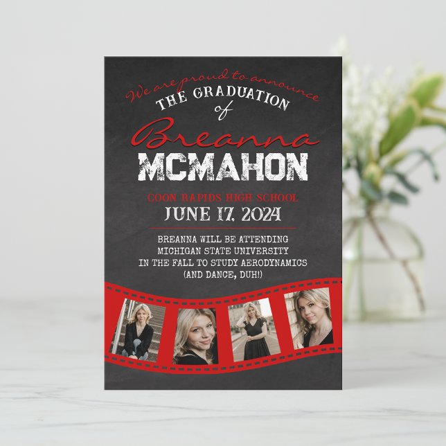 Red Filmstrip Chalkboard Graduation Announcement (Red & Black Chalkboard Graduation Announcements)