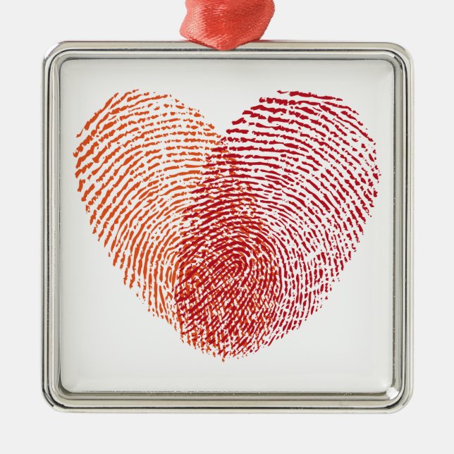 Red fingerprint heart design metal ornament (Front)