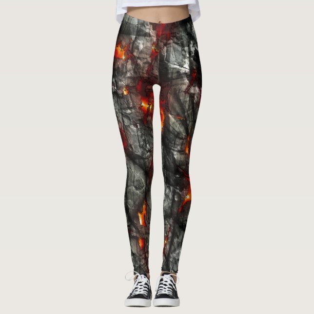 Red fire, black stone fantastic abstract texture leggings (Front)
