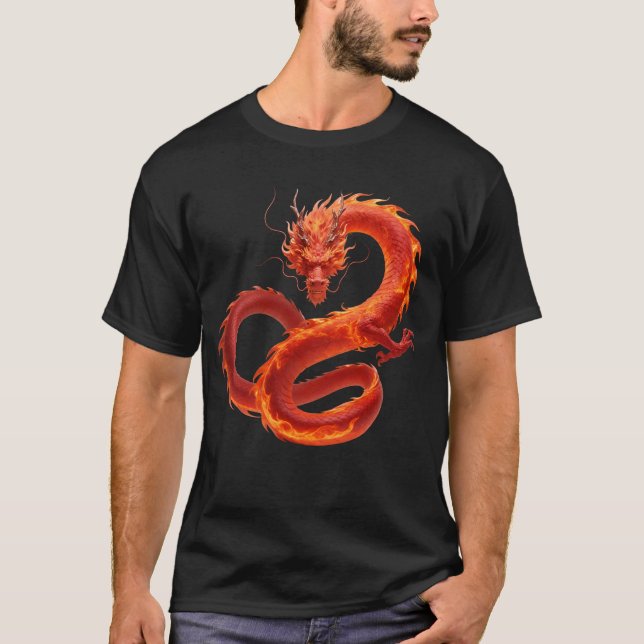 Red Fire Dragon Art | Mythical Flame Dragon Design T-Shirt (Front)