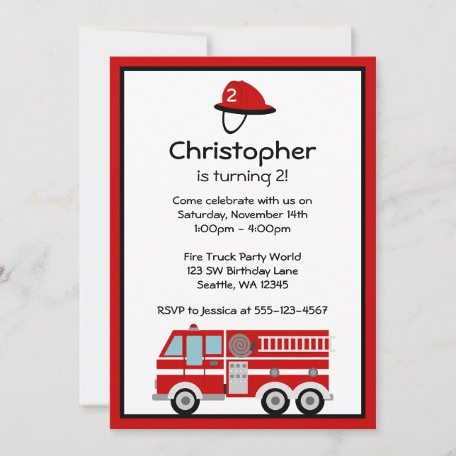 Red Fire Engine and Hat Birthday Party Invitations (Front)