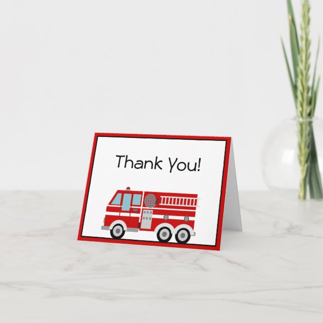 Red Fire Engine and Hat Thank You Note Card (Front)