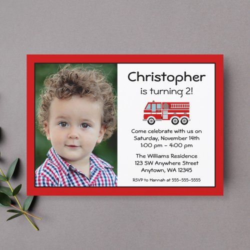 Red Fire Engine Birthday Party Photo Invitations