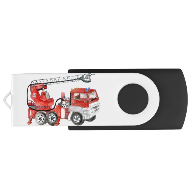 Red fire engine, fire truck illustration flash drive (Back)