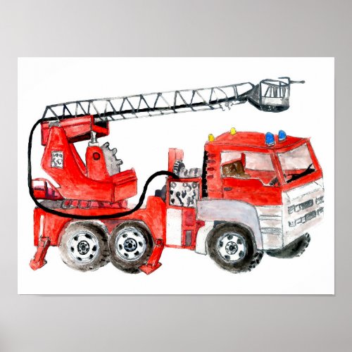 Red fire engine fire truck illustration poster