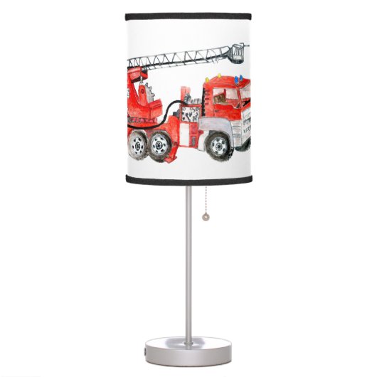 Red fire engine, fire truck illustration table lamp (Left)