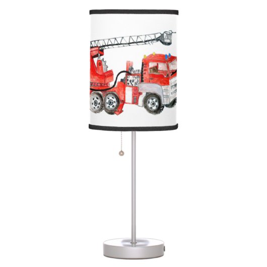Red fire engine, fire truck illustration table lamp (Right)