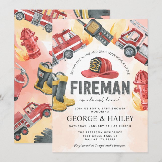 Red Fire Engine Truck Baby Shower Invitation (Front/Back)