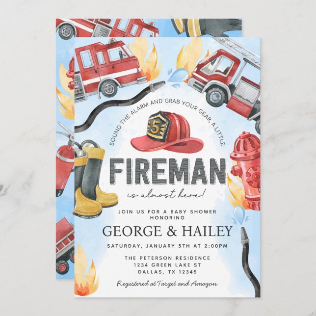 Red Fire Engine Truck Baby Shower Invitation (Front/Back)