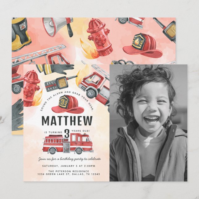 Red Fire Engine Truck Birthday Party Invitation (Front/Back)