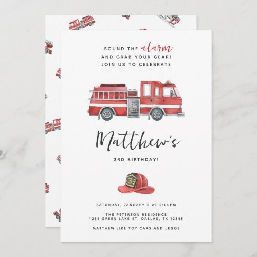 Red Fire Engine Truck Birthday Party Invitation