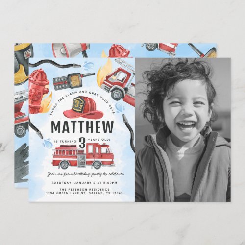 Red Fire Engine Truck Birthday Party Invitation