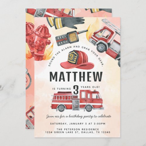 Red Fire Engine Truck Birthday Party Invitation