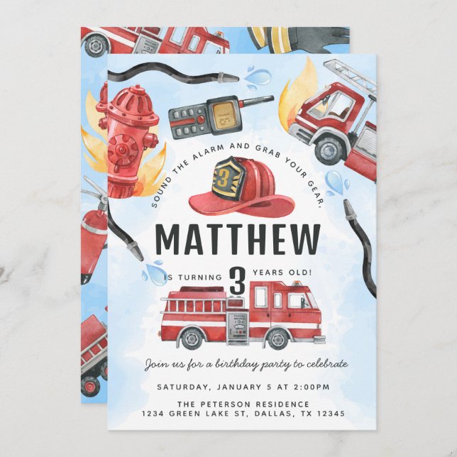 Red Fire Engine Truck Birthday Party Invitation (Front/Back)