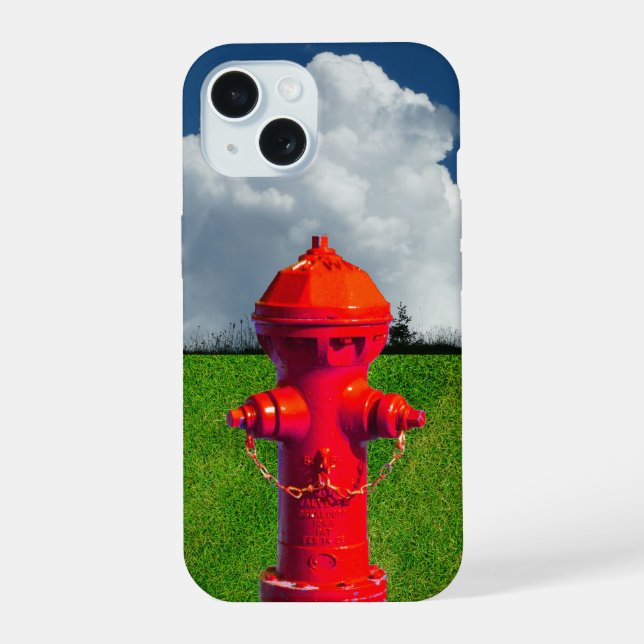 Red Fire Hydrant, Grass, Cloudy Sky Iphone Case (Back)