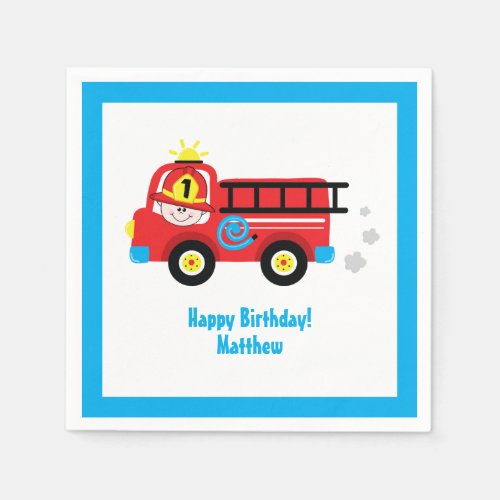 Red Fire Truck Adorable Smiling Fireman Birthday Napkins