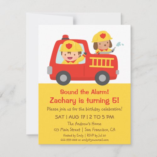 Red Fire Truck and Fire fighter Boy Birthday Party Invitation