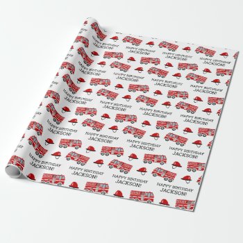 Red Fire Truck And Hat Personalized Birthday Wrapping Paper by printcreekstudio at Zazzle