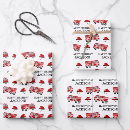 Red Fire Truck and Hat Personalized Birthday Wrapping Paper Sheets