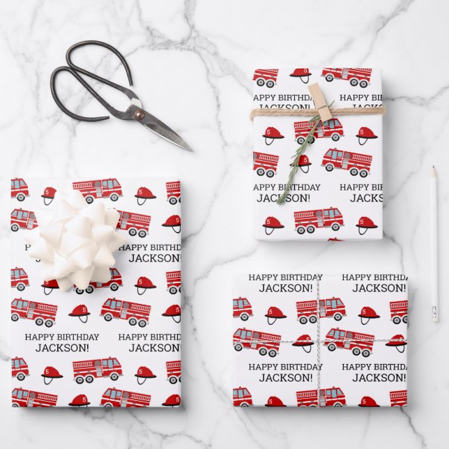 Red Fire Truck and Hat Personalized Birthday Wrapping Paper Sheets (Front)