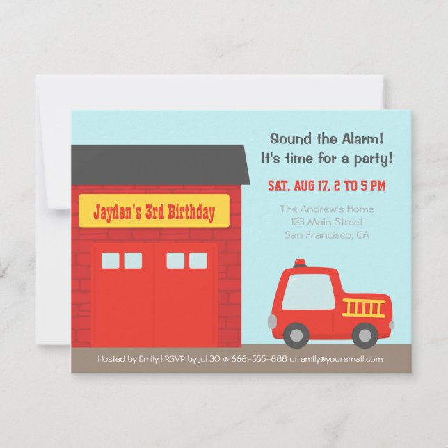 Red Fire Truck and Station Boys Birthday Party Invitation (Front)