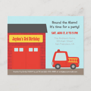 Red Fire Truck and Station Boys Birthday Party Invitation