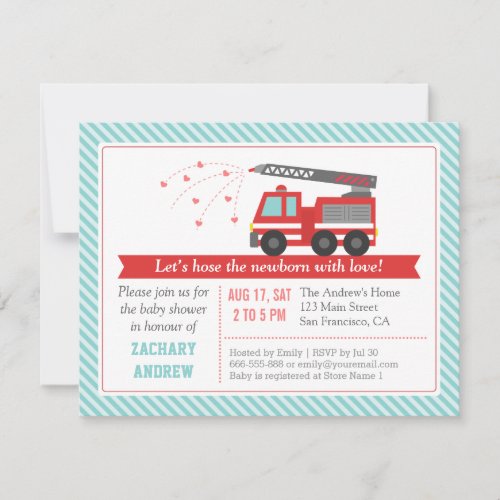 Red Fire Truck Baby Boy Shower Party Invitation