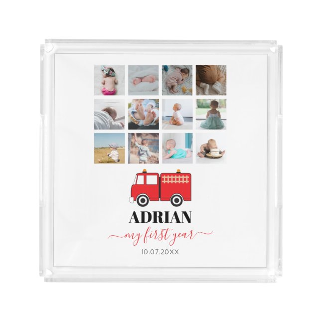 Red Fire Truck Baby First Year Photo Collage Acrylic Tray (Front)