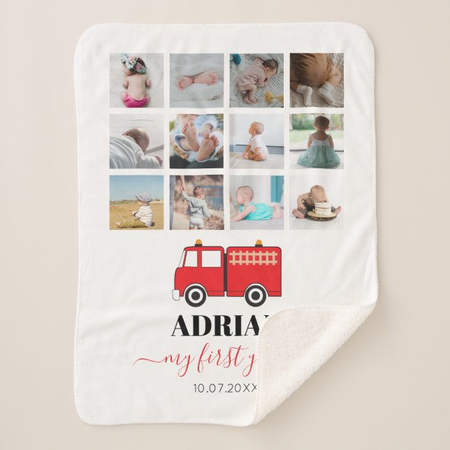 Red Fire Truck Baby First Year Photo Collage Sherpa Blanket (Front)