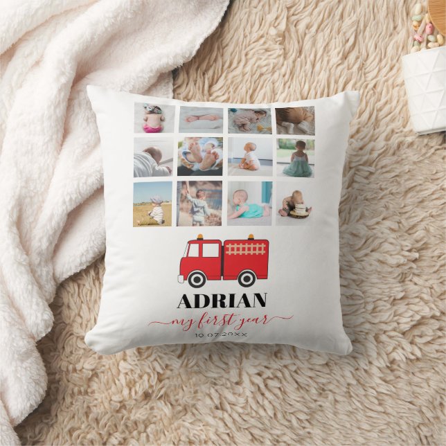 Red Fire Truck Baby First Year Photo Collage  Throw Pillow (Blanket)