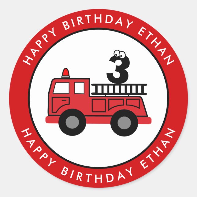 Red Fire Truck Birthday Custom Classic Round Sticker (Front)