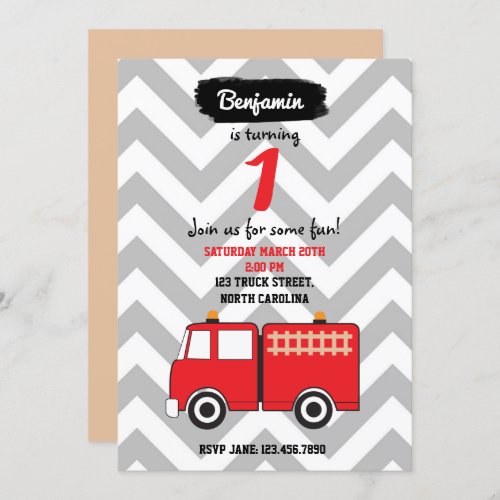 Red Fire Truck Birthday Invitation for Boy or Girl